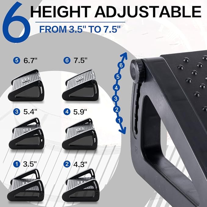 Foot Rest for Under Desk at Work - Six Heights Adjustable Under Desk Footrest - Ergonomic Foot Stools for Under Office Desks - Desks Foot Rest with Massage Rollers - Leg Rest for Chair (Black)
