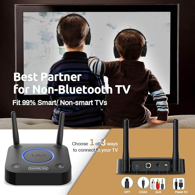 1Mii B06TX Bluetooth 5.2 Transmitter for TV to Wireless Headphone/Speaker, Bluetooth Adapter for TV w/Volume Control, AUX/RCA/Optical/Coaxial Audio Inputs, Plug n Play, aptX Low Latency & HD