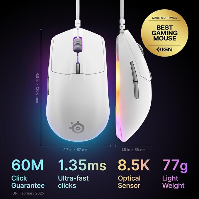 SteelSeries Rival 3 Gen 2 Gaming Mouse — 8500 DPI TrueMove Core Optical Sensor — 60 Million Click Durability — Low Latency — 77g Lightweight — 100% PTFE Feet — RGB — White