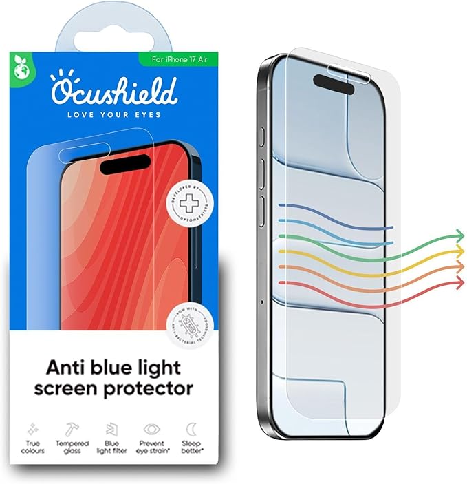 Ocushield Screen Protector for iPhone 17 Air – Blue Light Tempered Glass, Blue Light Filter, 95% Transparency, Bubble-Free Install, Scratch-Resistant, Case Friendly