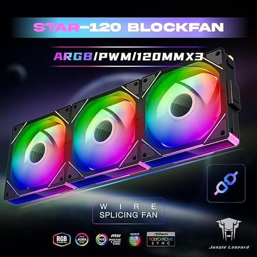 Jungle Leopard Interstellar V1 120mm PC Reverse Blade Case Fan, Infinity Mirror Module Daisy-Chain 5V ARGB PWM PC Fan Triple Pack Suitable for Computer Case & CPU Cooling(Black-3 Pack)