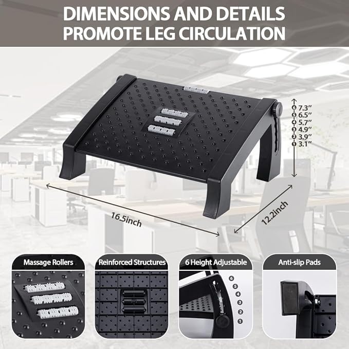 Foot Rest, Six Heights Adjustable Foot Rest for Under Desk at Work, Ergonomic Foot Stool for Under Office Desks, Under Desk Footrest with Foot Massage Roller, Office Leg Rest (Classics)