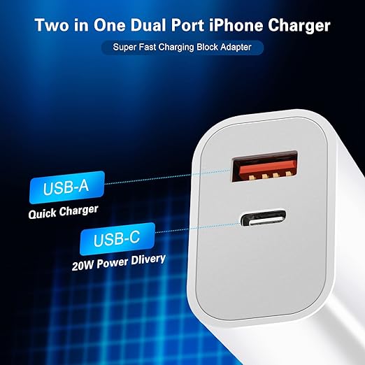 Fast Charger iPhone, Dual Port A/C Charging Adapter, 2Pack Quick Double Wall Charger Block, Apple Charger Block 10FT USBC to Lightning Cable for iPhone 14/13/12/11/ProMax/XS/XR