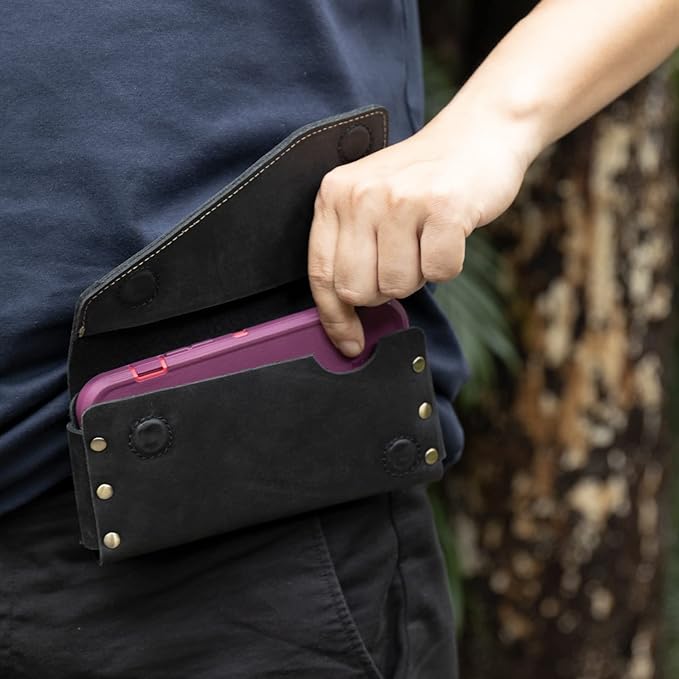 Topstache Leather Phone Holster with Belt Loop, Magnetic Closure Cell Pouch, Handmade Leather Holder for iPhone 14 Pro Max (Fits with Otterbox Case), XL, Black