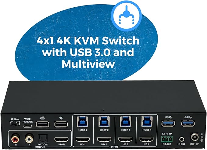 OREI 4x1 KVM HDMI Seamless Switch Multiviewer, Share Multiple Devices, PC, Computers, Phones, Gaming on One Display Monitor, Keyboard Control and USB 3.0 Peripheral Control