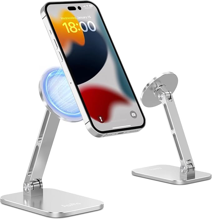 Magnetic Phone Stand for MagSafe Adjustable - Aluminum Portable Phone Holder for Desk with 360° Rotating Head Compatible with iPhone 16/15/14/13/12 Pro Max and Magnetic Phone Case, Silver