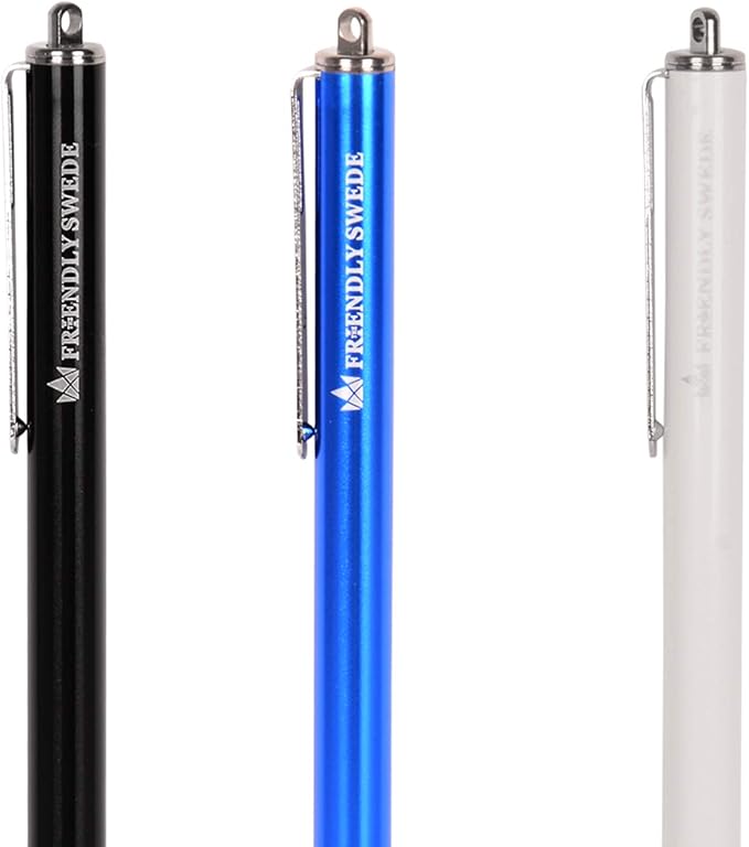 The Friendly Swede Stylus Pen for Touchscreen — 3-Pack 5.5" High Precision Stylus Pen with Replaceable Thin Tips, Elastic Lanyards & Screen Cleaning Cloth - Black/Blue/White