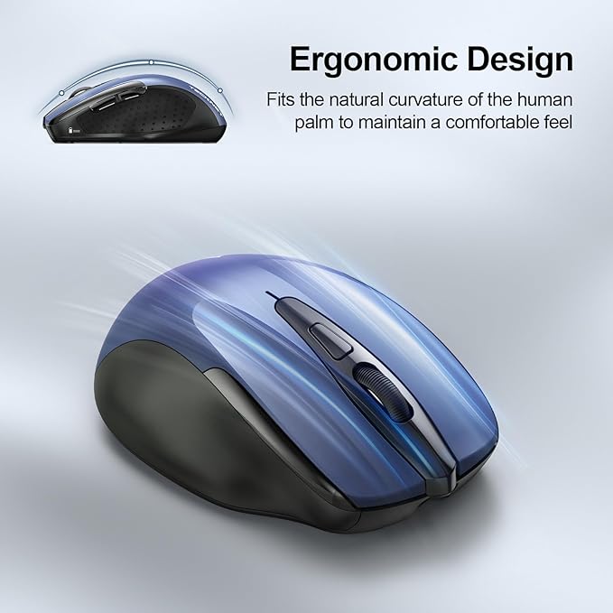 TECKNET Wireless Mouse (BT5.0/3.0 & 2.4G) Rechargeable 4800 DPI Silent USB A & Bluetooth Mouse 6 Buttons, Wide Compatibility - Blue