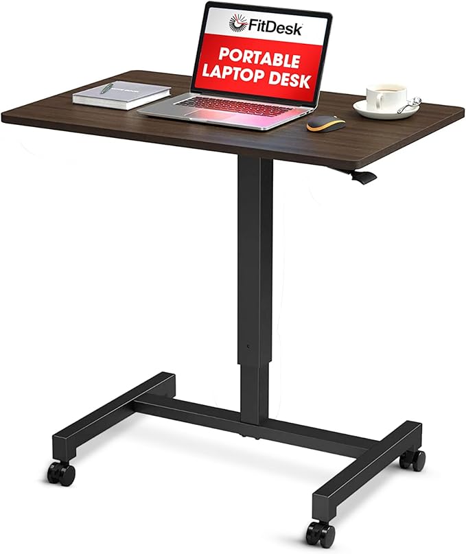 FitDesk Portable Laptop Desk, Rolling Standing Workstation Adjustable Height, Compact Standing Table with Large Surface, Small Stand Desk for Home Office, 30 lb Weight Limit – Walnut, 27" Tabletop