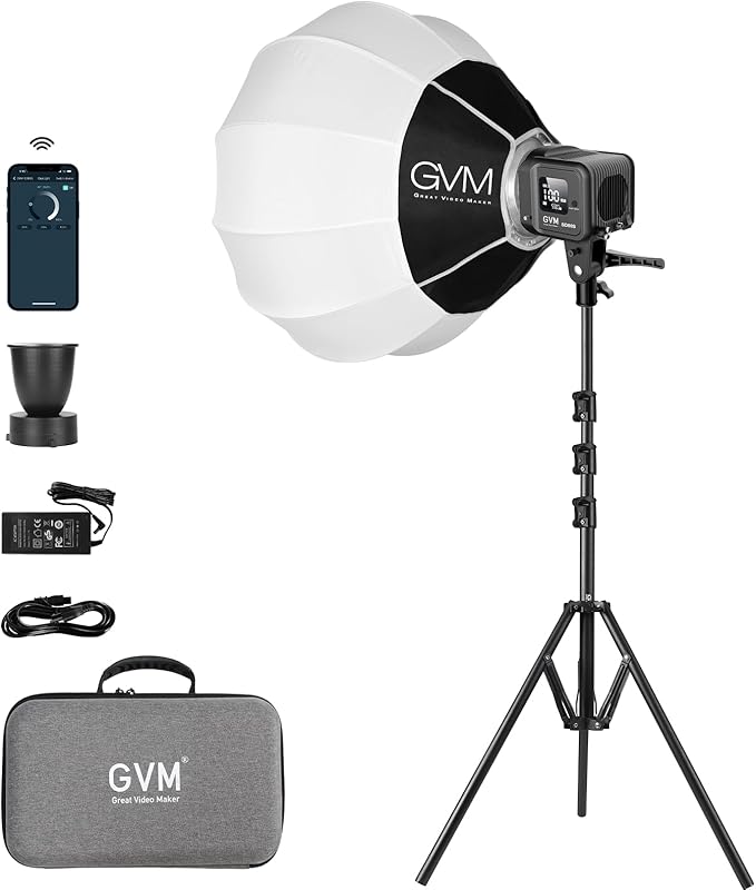 GVM 80W SD80S LED Video Light with Lantern Softbox and Tripod Stand Kit, 5600K Daylight Bowens Mount Studio Light, COB Continuous Output Lighting for Video Recording, APP Control, 12 Scenes, CRI97+