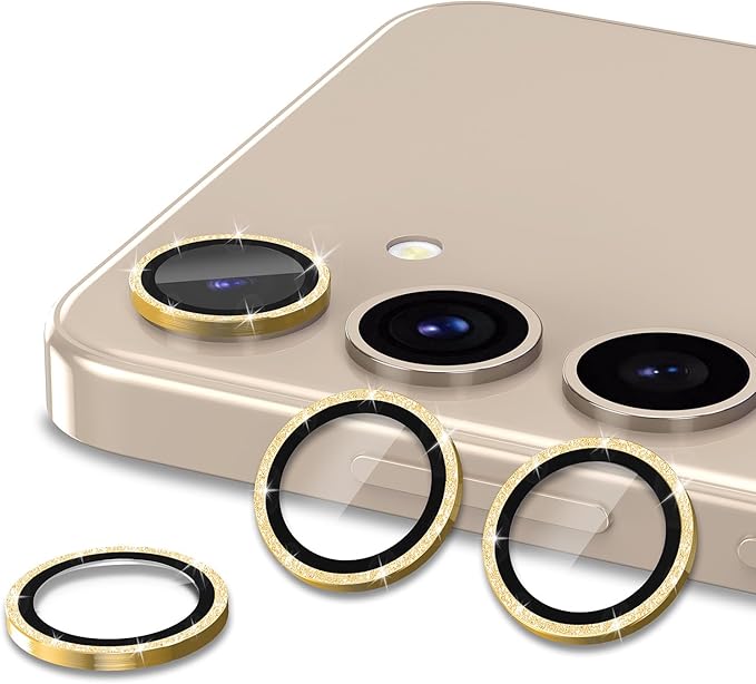 for Samsung Galaxy S25 Plus Camera Lens Protector, Individual Metal Ring Tempered Glass Lens Cover, [Strong Adsorption] Scratch Resistant Ultra-Thin HD Clear Lens Cover, 1 Set-Gold Sparkly