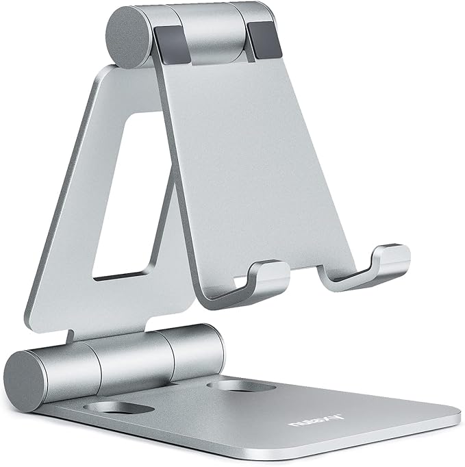 Nulaxy Dual Folding Cell Phone Stand, Fully Adjustable Foldable Desktop Phone Holder Cradle Dock Compatible with iPhone 17 16 15 14 13 12 11 Pro Max Xs Xr X 8, Nintendo Switch, All Phones - Silver