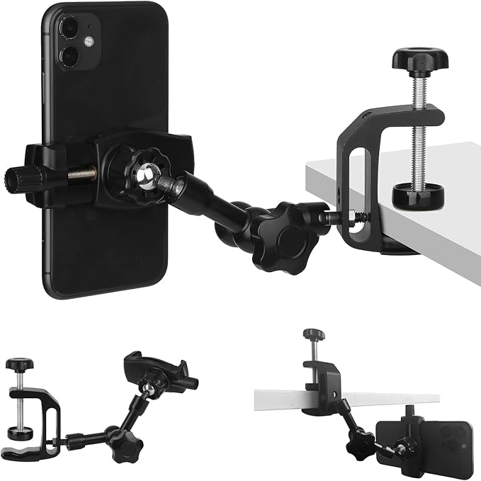 iPhone Mount for Desk/Table/Rod/Kitchen Cabinet,360°Adjustable Aluminum Alloy Phone Stand,Clip Holder Compatible with 3.5~7.5" iPhone/Nexus/HTC/Huawei/Smartphone