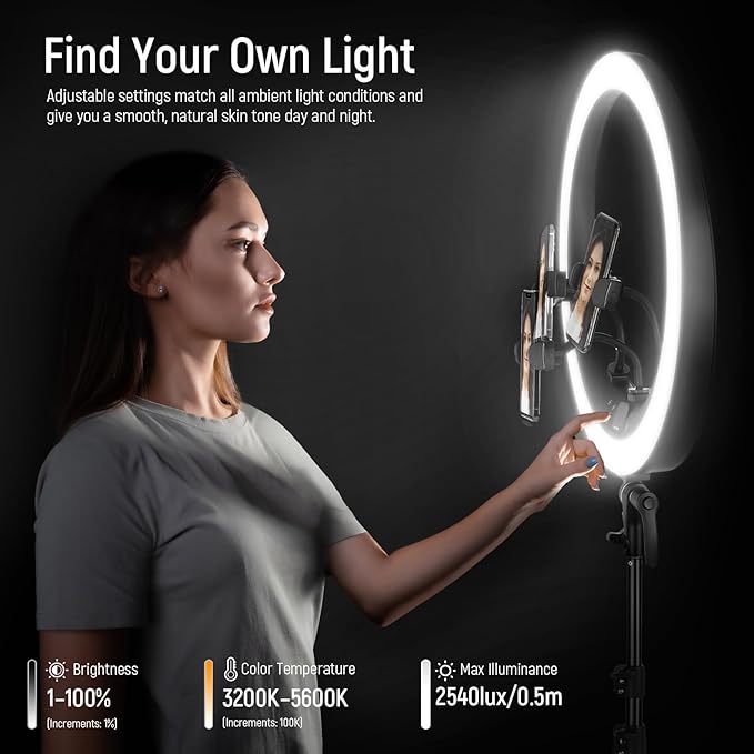 NEEWER 19 inch Ring Light with Stand, 3 Phone Holders and Mini Ball Head, Upgraded 2.4G & Touch Control, Smooth Dimming at 1%, 3200K-5600K for Selfie TikTok Live Streaming Video Recording Zoom, RP19H