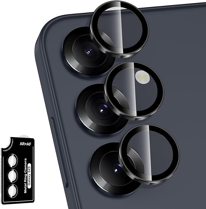 for Samsung Galaxy S25 Camera Lens Protector, Individual Metal Ring Tempered Glass Lens Cover, [Strong Adsorption] Scratch Resistant Ultra-Thin HD Clear Lens Cover, 1 Set-Black Ring