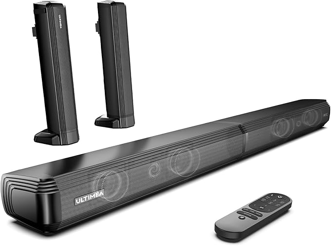 ULTIMEA 2.2ch Sound Bar for TV, Peak Power 100W, 2-in-1 Detachable Bluetooth 5.3 Soundbar for TV, 3 EQ Modes, Bass Adjustable for TV Speakers, App, ARC/Optical/Aux/Wall Mount, Apollo S40
