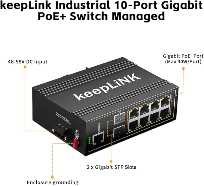 10-Port Industrial Gigabit PoE Switch, Managed with 8 PoE+@130W, 2 SFP Slots, DIN Rail Network Switch, IP40, Operating Temperature Range of -30° – 75°C (-22° – 167°F), Lifetime Protection