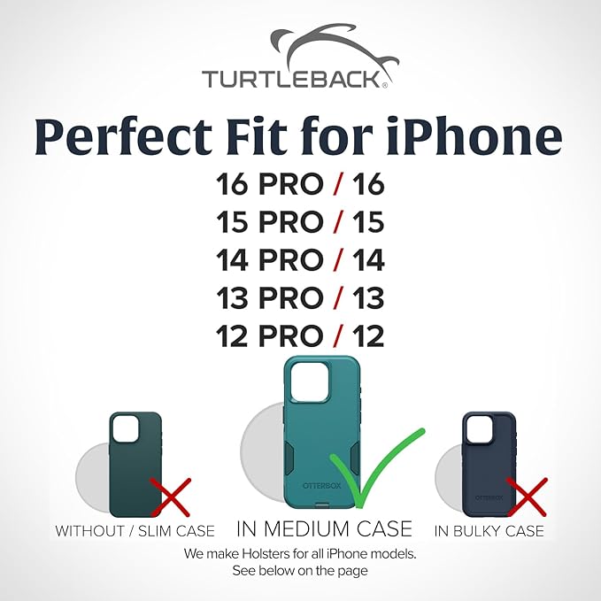 Turtleback Belt Holder for iPhone 16 Pro, 16e, 15 pro 14 Pro 13 Pro -Medium- Fits w/Shockproof Commuter Style Cases, Premium Black Leather Vertical Holster, Magnetic Closure Leather Wrapped Clip