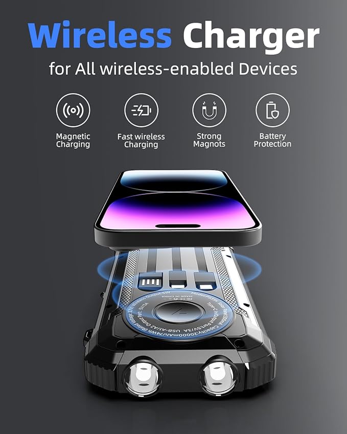 Solar Power Bank 20000mAh, Wireless Charger with 15W Fast Charging, 3 Data Cables, USB-C Output, Dual Flashlights, Portable Outdoor Battery Pack for iPhone, Samsung, and More, for Camping, Emergency