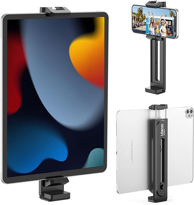 ULANZI iPad Phone Tripod Mount Adapter with Cold Shoe, Universal Smartphone Tablet Holder for Tripod with Arca Quick Release Plate 1/4'' Screw Mount, Compatible for iPhone iPad Surface Pro and More