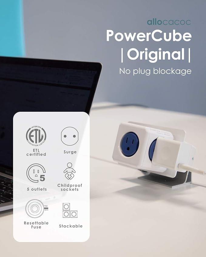 Allocacoc PowerCube Original 5 outlets, Surge Protector Wall Plug Charger Outlet Multiplier, Compact for Travel Home Office Dorm workspace 1875W 125V 15A ETL(Grey)