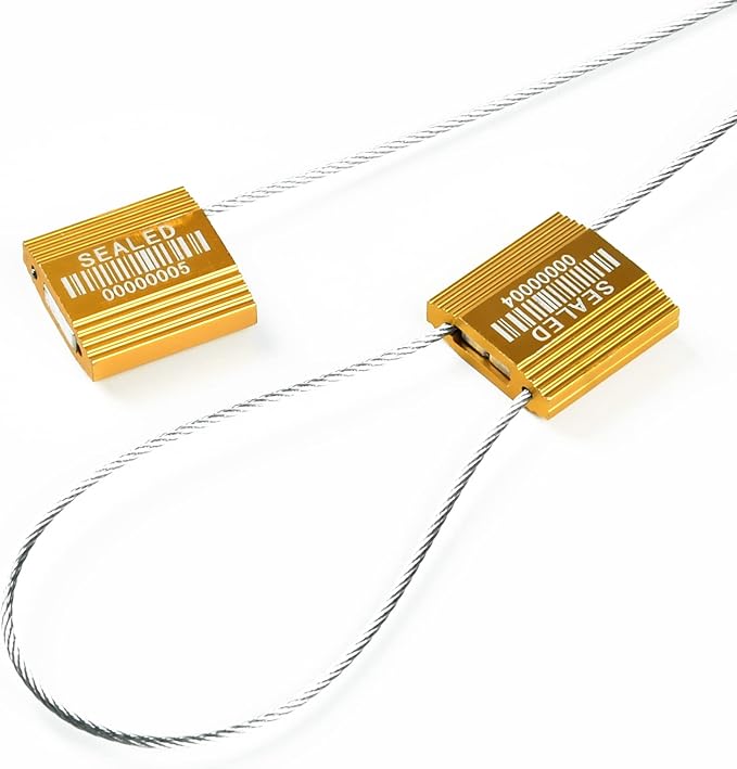 50 Yellow High Security Cable Seals with Barcode Pull Tight Numbered Steel Security Seals Metal Container Seals Anti-Tamper Shipping Self-Locking Tags for Logisitics ISO 17712 Certificated