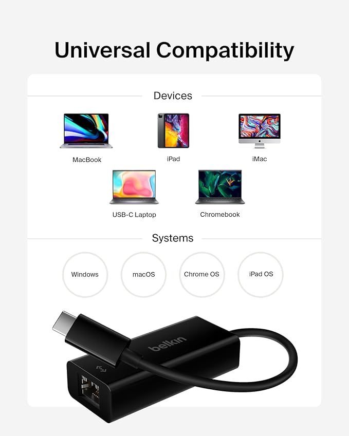 Belkin USB-C to Ethernet Adapter, Gigabit Ethernet Port Compatible w/ USB-C Devices, USB-C to Ethernet Cable for MacBook Pro & Dell XPS 13” Laptops, Ethernet USB-C Hub, Ethernet USB-C Adapter - Black