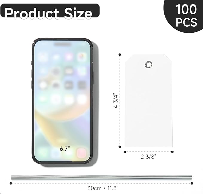 100 White Tags with String - Large Plastic Tags with Reinforced Hole for Price Machines Parts Luggage Garage Inventory (4 3/4" x 2 3/8")
