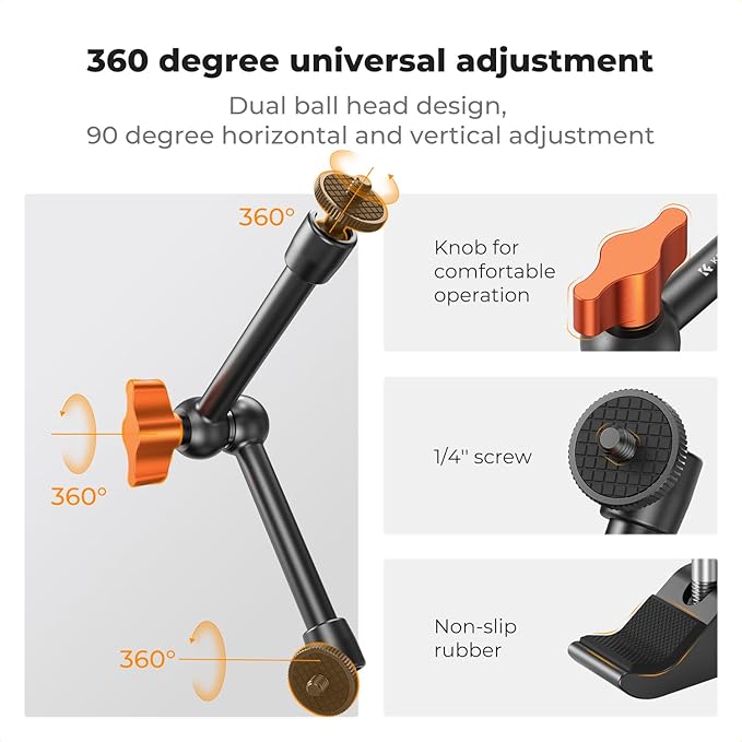 K&F CONCEPT 9.8" Magic Arm Clamp Kit with 1/4" & 3/8" Thread Screw 360° Ball Heads Articulating Magic Arm with Tripod Mount Adapter for Gopro/LED Lights/Monitor/Flash/Microphone/DSLR Camera