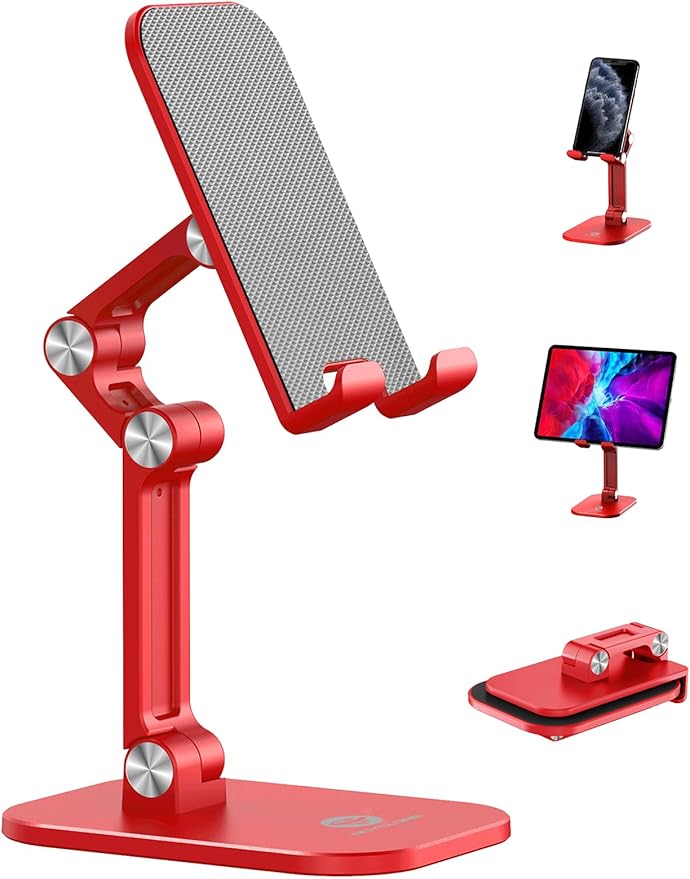 OCYCLONE Phone Stand, Adjustable Height and Angle Foldable Cell Phone Stand Holder for Desk, Taller iPhone Stand Compatible with 4.7"-13" Smartphones iPad Tablet, Red