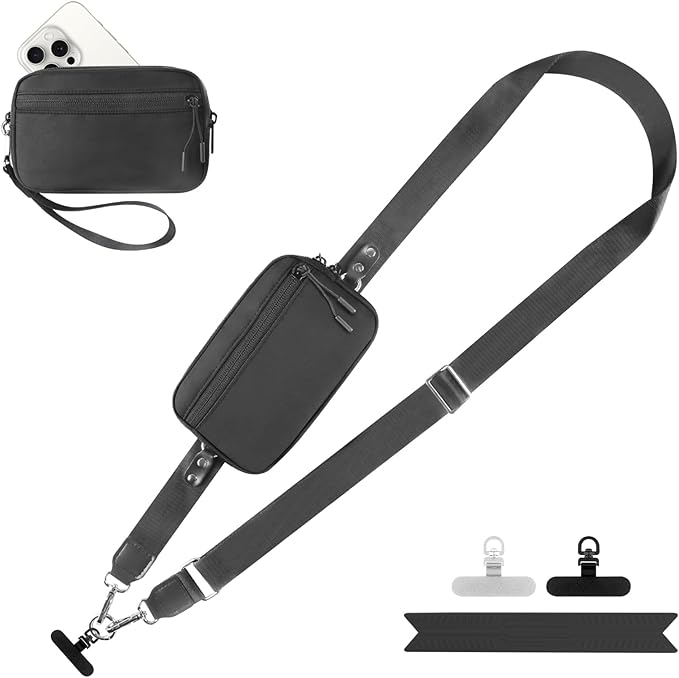 Clip and Go Strap for Phone with Wallet Crossbody, Adjustable Phone Lanyard with Detachable RFID Wristlet Wallet, Black (L)