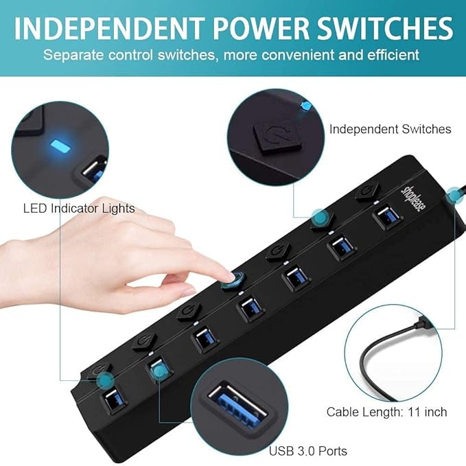 7-Port USB 3.0 Hub with Individual Power Switches and Lights, High-Speed Data Hub Splitter Portable USB Extension Hub with 120 cm Cable for PC Laptop and Others