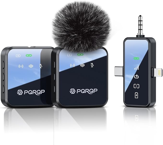 PQRQP 3 in 1 Microphone for iPhone/Android/Camera, Wireless Lavalier Microphone, 328ft Transmission, 18H Battery Life, Mini Microphone for Record Interview, Vlogs, YouTube, Tiktok