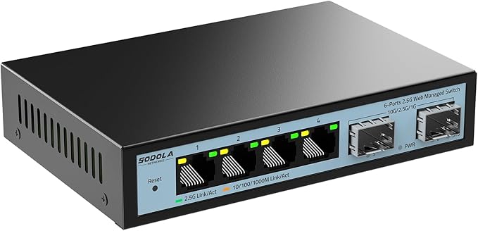 SODOLA 6 Port 2.5G Easy Web Managed Switch, 4 x 2.5G Base-T Ports, 2 x 10G SFP+, Static Aggregation,QoS/VLAN/IGMP, 2.5Gb Network Homelab Switch