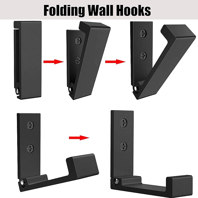 Folding Coat Hooks, Foldable Wall Hooks for Hanging Aluminum Alloy Cloth Hanger Coat Hanger Headphones Holder Headset Wall Hanger Hook- Pack of 6 (Black)