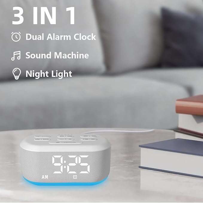 Brown Noise Machine Small Digital Alarm Clock Sound Machine for Bedrooms White Noise Machine Night Light Plug in Desk Clock with 30 Wake up Sounds Clock for Kids Heavy Sleepers Snooze 32 Levels Volume