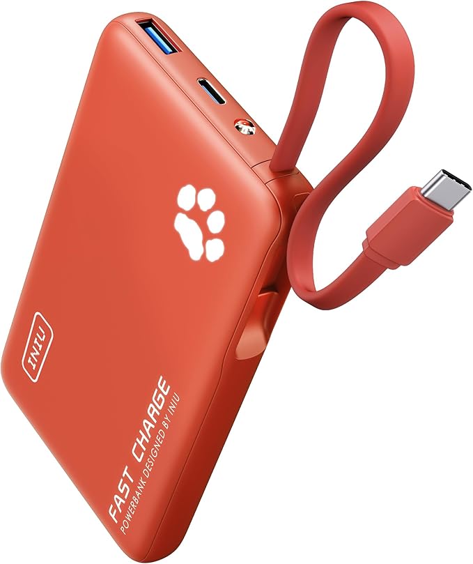 INIU Portable Charger, Slim 10000mAh Power Bank with Build in USB-C Cable, 20W Fast Charging Mini Battery Pack, Travel Trip Flight Cruise Ship Essentials for College Student Travelers Boy Girl, Orange