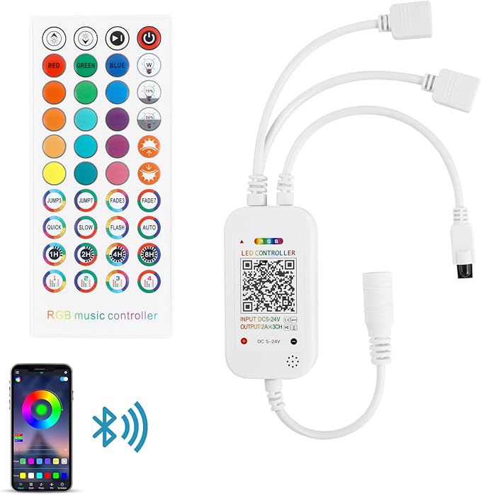 RGBZONE Bluetooth RGB LED Controller, 4-PIN Smart Music LED Strip Lights Controller, 40-Keys IR Remote Control for 5V/12V/24V SMD 5050 3528 RGB LED Strip Lights