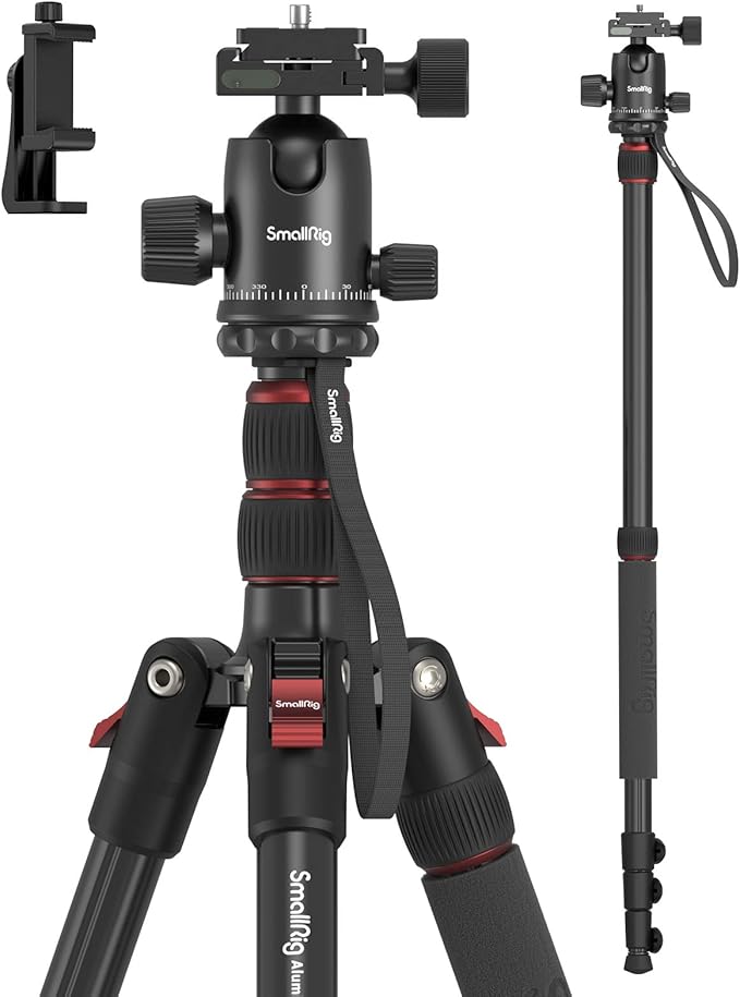 SmallRig Camera Tripod, 71" Foldable Aluminum Tripod/Monopod, 360°Ball Head Detachable, Payload 33lb, Adjustable Height from 16" to 71" for Camera, Phone