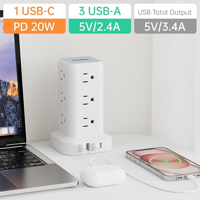 PD20W Power Strip Tower Surge Protector,16.5FT Extension Cord,Power Strip with USB 12 Outlets with 4 USB Ports (1 USB C), Flat Plug Multi Plug Outlet Extender Overload Protection for Home Office