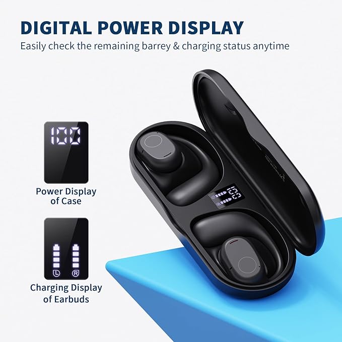 Open Ear Headphones, True Wireless Earbuds 40H Playtime Bone Conduction Headphones with Mic, Bluetooth 5.3 Over Ear Earbuds with Hooks & LED Display Charging Case, IPX6 for Sports (Black)