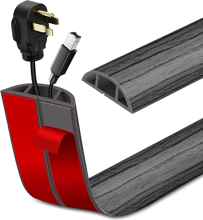 Floor Cord Cover Self Adhesive Cord Hider Floor Extension Cord Covers for Floor Power Cord Protector Cable Management Prevent Cable Trips Cable Cavity 0.59" W x 0.31" H (Deep Grey Wood, 3.3Ft)