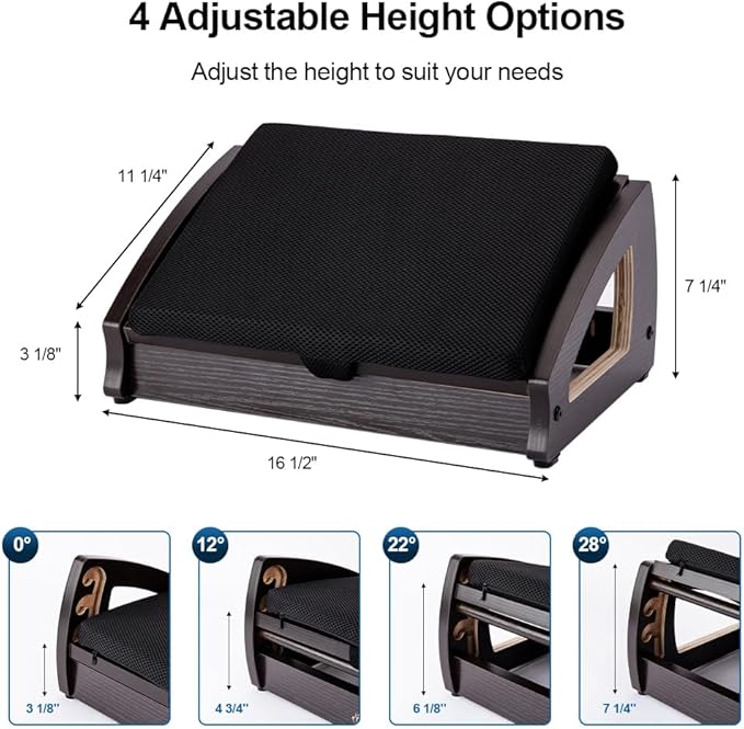 StrongTek Wood Ergonomic Footrest - 4-Angle Adjustable Foot Stool for Desk, Office Footrest, Anti-Slip Foot Stand for Under Desk, Enhances Posture, Promotes Blood Circulation, Easy Assembly (Espresso)
