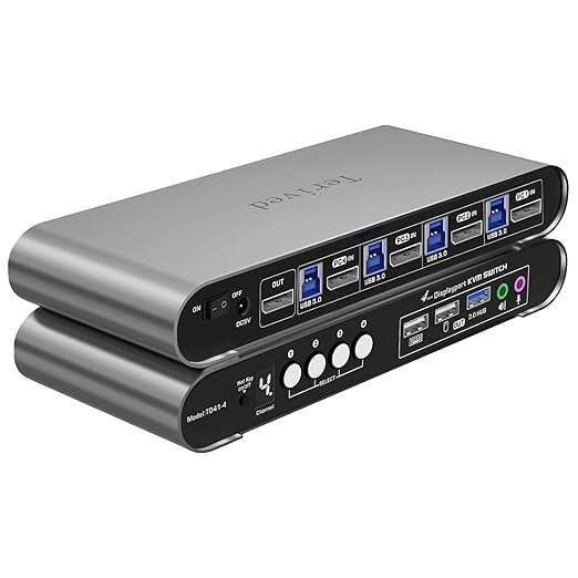 4 Computers 1 DP Monitor Automatic KVM Switch 4K@144Hz 8K30Hz with Complete Cable Set, Hotkey Switching, Support Audio Microphone and USB Hub, Aluminum Alloy Shell, Digital Display, HDR10