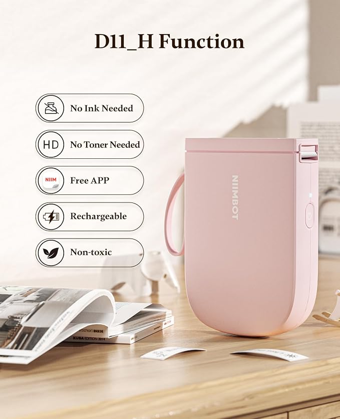 NIIMBOT Label Maker Bluetooth Mini Label Printer D11 2024 Version, Portable Label Maker with Tape Thermal Sticker Small Labeler, 300 DPI High Clearity Rechargeable, Pink