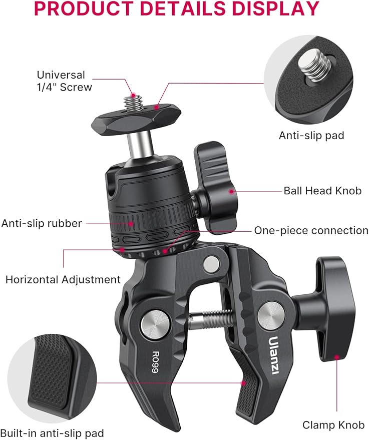 ULANZI R099 Super Clamp Camera Mount - Heavy Duty 3.3lb Load Metal Clamp with 360° Ball Head for Action Cameras (GoPro/Insta360/DJI), DSLR, Bike/Motorcycle Handlebar, Pole/Tube Mount Accessories
