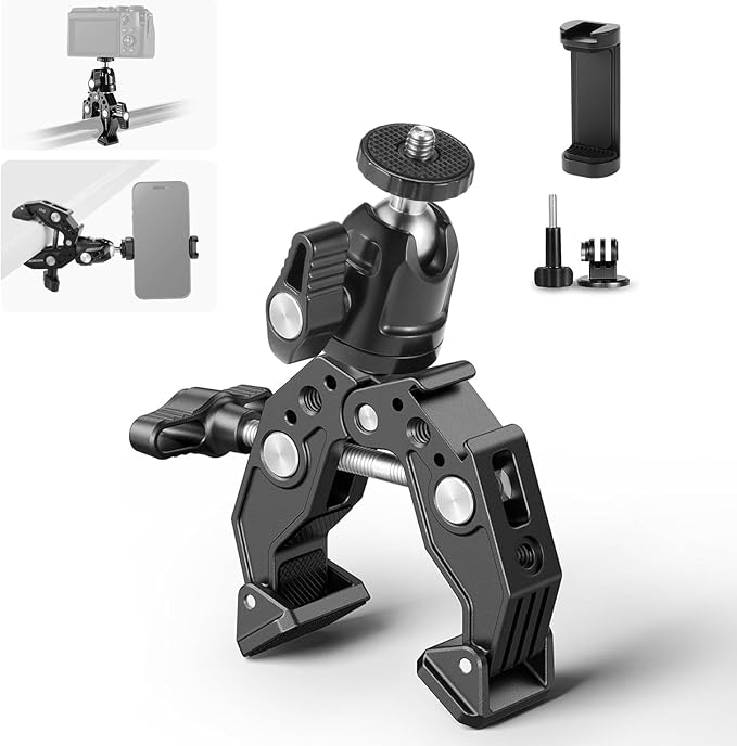 Neewer Super Clamp with Ballhead, Cold Shoe, Phone Holder and Action Camera Mount Adapter for Flat/Round Surface Compatible with GoPro DJI iPhone 15 Pro Max, ST87