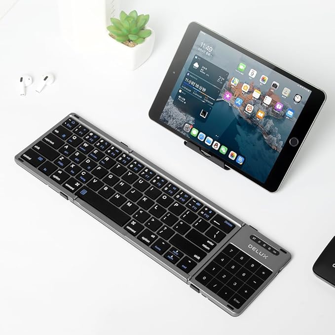 DeLUX Foldable Keyboard with Touchpad and Numeric Keypad, 2.4G Wireless and Bluetooth, Rechargeable Portable Travel Folding Keyboard with PU Leather, for iOS Android Windows Tablet (KF18)