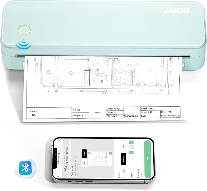 JADENS Portable Printers Wireless for Travel, Thermal Inkless Printer, Support 8.5" X 11" Thermal Paper(Green)