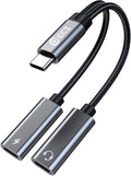 USB C Headphone Splitter,CCZ CA01 USB C to Type C Headphone Jack and Charger Adapter, 1 in 2 Out Dongle Hi-Res DAC Audio Cable with PD 60W Fast Charging for Samsung Galaxy S25 S24 S23 S22 (USBC-USBC)